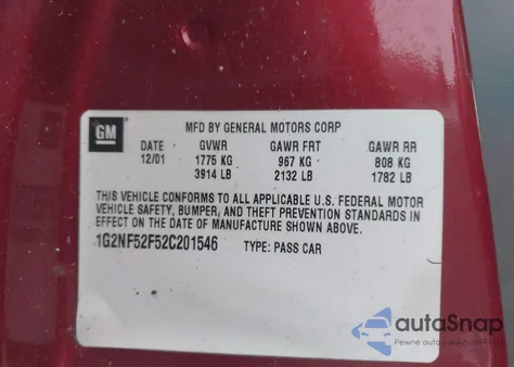 2002 Pontiac Grand Am Se1 z USA, uszkodzony, nr VIN 1G2NF52F52C201546